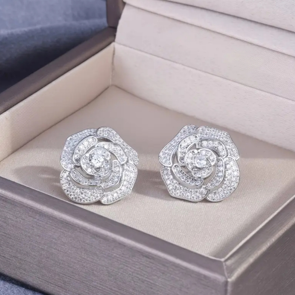 White Rhodium Camellia Clip On Earrings